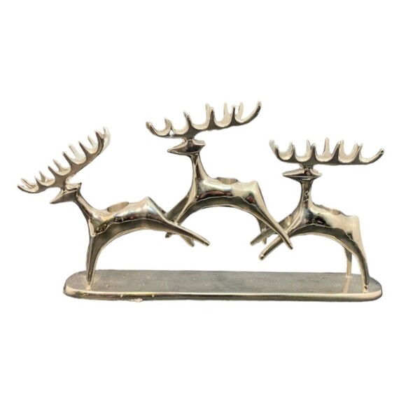 VTG Pottery Barn Reindeer Candle Holder Jumping Candelabra Christmas Silver Tone